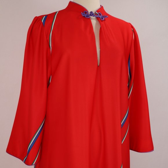 Vtg 70's Lisanne Floral Abstract Red Long Caftan Loungewear Nightgown Robe Asian - Picture 5 of 9